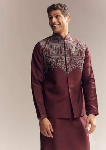 Red Silk Kurta Jacket Set For Men With Heavy Hand Work