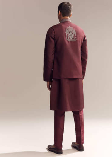Red Silk Kurta Jacket Set For Men With Heavy Hand Work