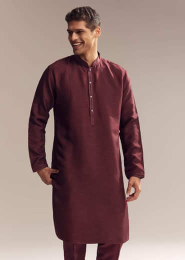 Red Silk Kurta Jacket Set For Men With Heavy Hand Work