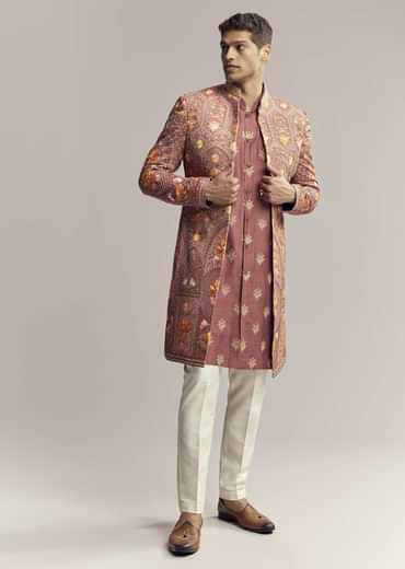 Red Silk Kurta Jacket Set For Men With Open Jacket Style