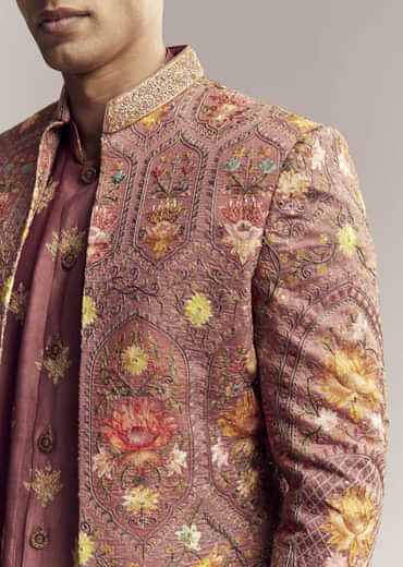 Red Silk Kurta Jacket Set For Men With Open Jacket Style