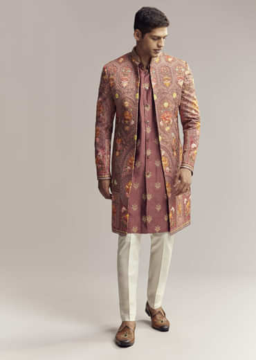 Red Silk Kurta Jacket Set For Men With Open Jacket Style
