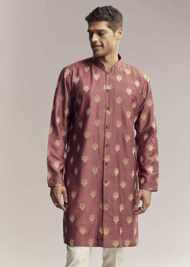Red Silk Kurta Jacket Set For Men With Open Jacket Style