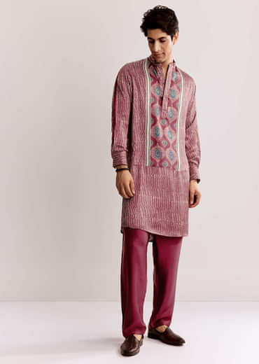 Red Silk Kurta Jacket Set With Ajrakh Print
