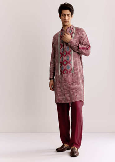 Red Silk Kurta Jacket Set With Ajrakh Print