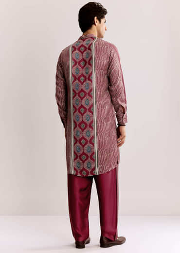 Red Silk Kurta Jacket Set With Ajrakh Print