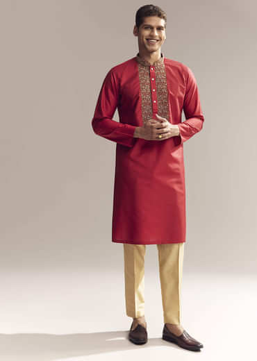 Red Silk Kurta Set For Men With Aari And Resham Knots