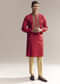 Red Silk Kurta Set For Men With Aari And Resham Knots