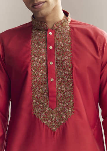 Red Silk Kurta Set For Men With Aari And Resham Knots