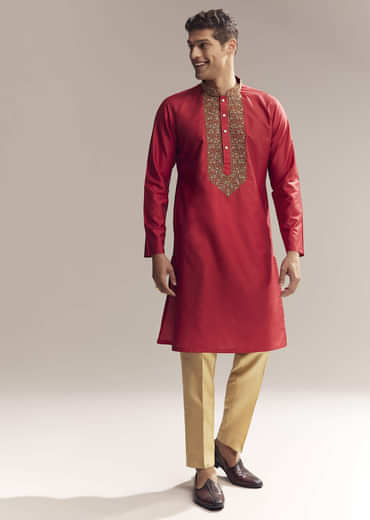 Red Silk Kurta Set For Men With Aari And Resham Knots