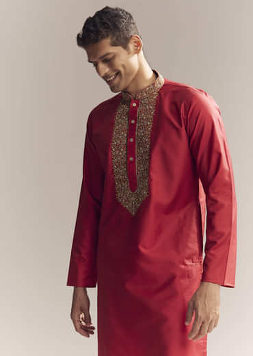 Red Silk Kurta Set For Men With Aari And Resham Knots