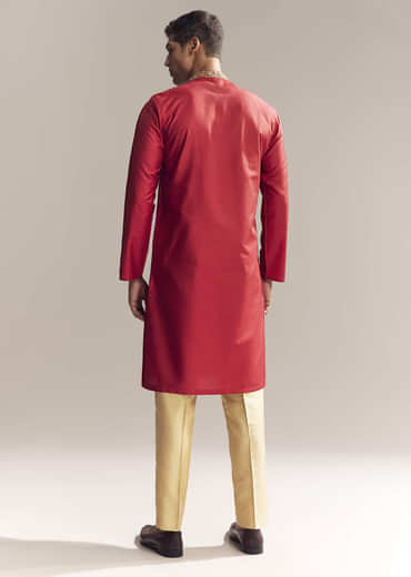 Red Silk Kurta Set For Men With Aari And Resham Knots