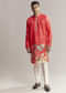 Red Silk Kurta Set For Men With Floral Print