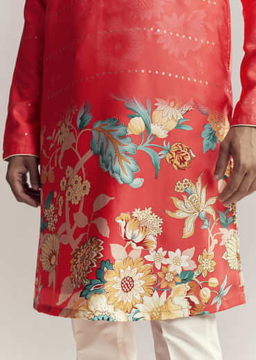 Red Silk Kurta Set For Men With Floral Print