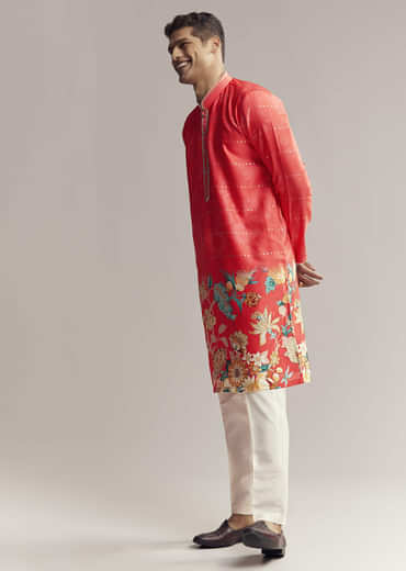 Red Silk Kurta Set For Men With Floral Print