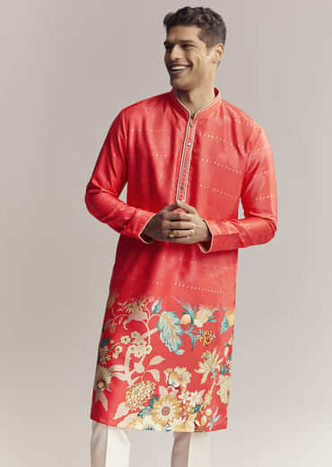Red Silk Kurta Set For Men With Floral Print