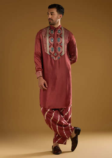 Red Silk Kurta Set For Men With Hand Dyed Leheriya Print