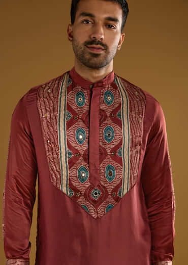 Red Silk Kurta Set For Men With Hand Dyed Leheriya Print