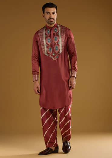 Red Silk Kurta Set For Men With Hand Dyed Leheriya Print