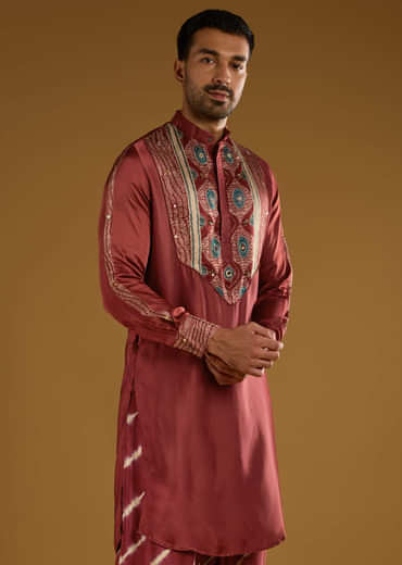 Red Silk Kurta Set For Men With Hand Dyed Leheriya Print