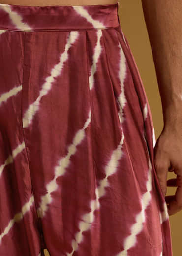 Red Silk Kurta Set For Men With Hand Dyed Leheriya Print