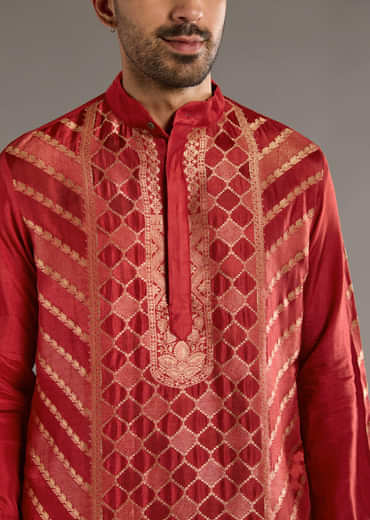 Red Silk Kurta Set For Men With Handwoven Jacquard Work