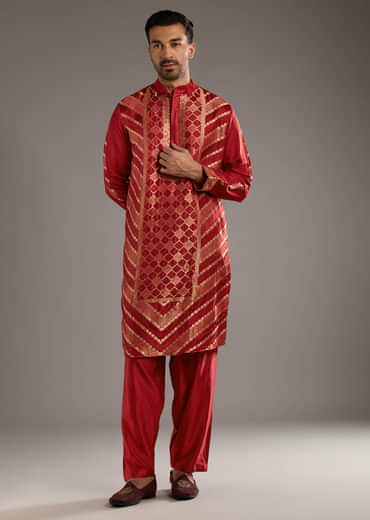 Red Silk Kurta Set For Men With Handwoven Jacquard Work