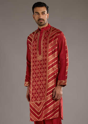 Red Silk Kurta Set For Men With Handwoven Jacquard Work
