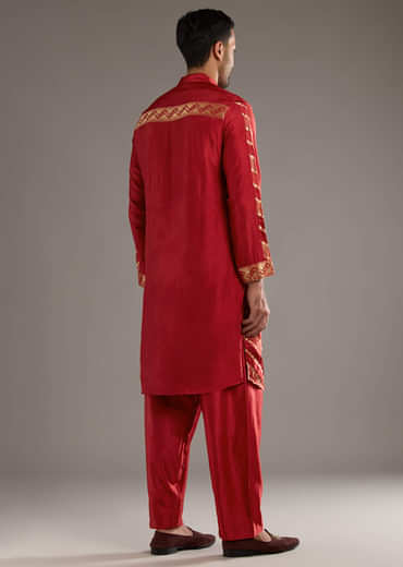 Red Silk Kurta Set For Men With Handwoven Jacquard Work