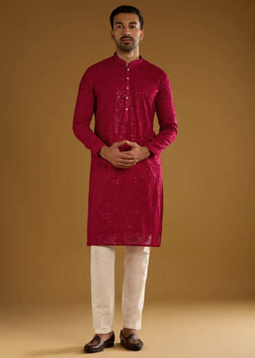 Red Silk Kurta Set For Men With Intricate Hand Embroidery