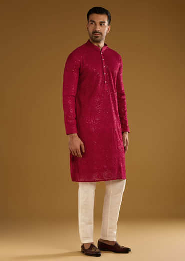 Red Silk Kurta Set For Men With Intricate Hand Embroidery
