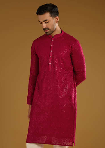 Red Silk Kurta Set For Men With Intricate Hand Embroidery