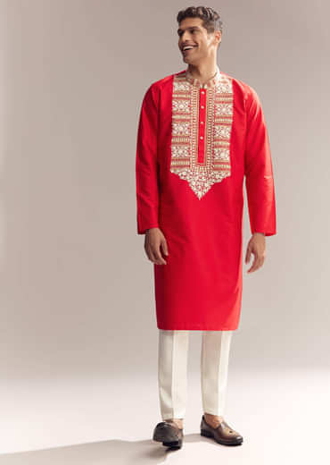 Red Silk Kurta Set For Men With Kashmiri Hand Work