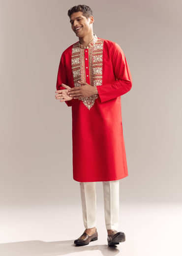 Red Silk Kurta Set For Men With Kashmiri Hand Work
