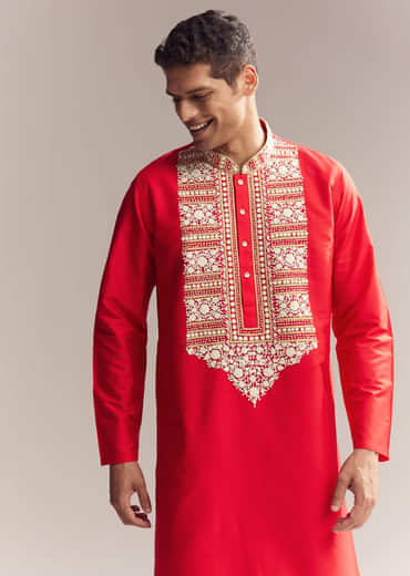 Red Silk Kurta Set For Men With Kashmiri Hand Work