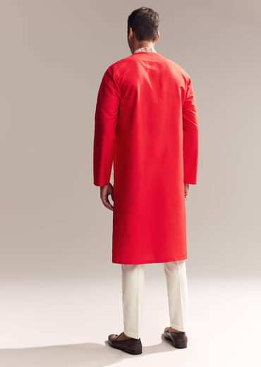 Red Silk Kurta Set For Men With Kashmiri Hand Work