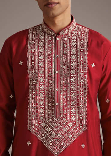 Red Silk Kurta Set For Men With Mirror And Thread Work