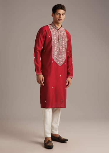 Red Silk Kurta Set For Men With Mirror And Thread Work