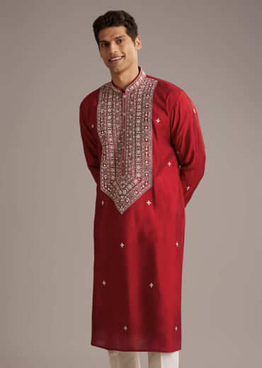 Red Silk Kurta Set For Men With Mirror And Thread Work