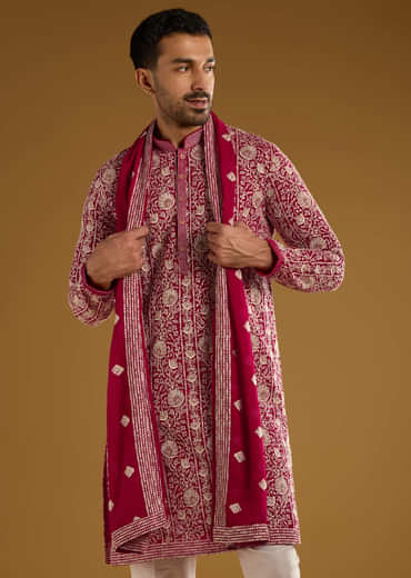 Red Silk Kurta Set For Men With Resham Embroidery