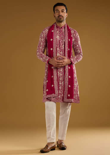 Red Silk Kurta Set For Men With Resham Embroidery