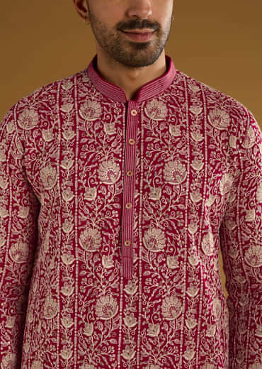 Red Silk Kurta Set For Men With Resham Embroidery