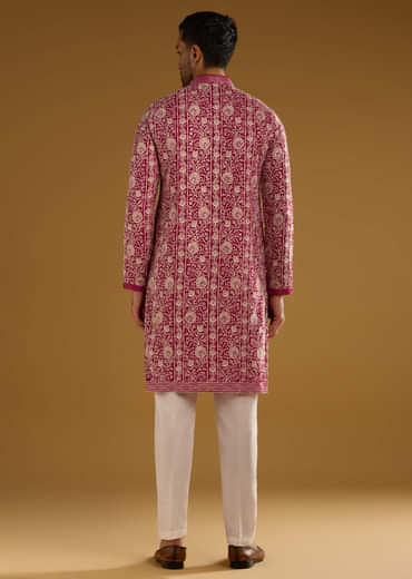 Red Silk Kurta Set For Men With Resham Embroidery