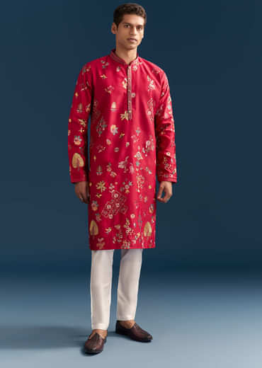 Red Silk Kurta Set For Men With Thread Embroidery