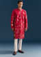 Red Silk Kurta Set For Men With Thread Embroidery