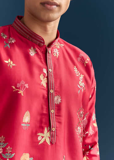Red Silk Kurta Set For Men With Thread Embroidery
