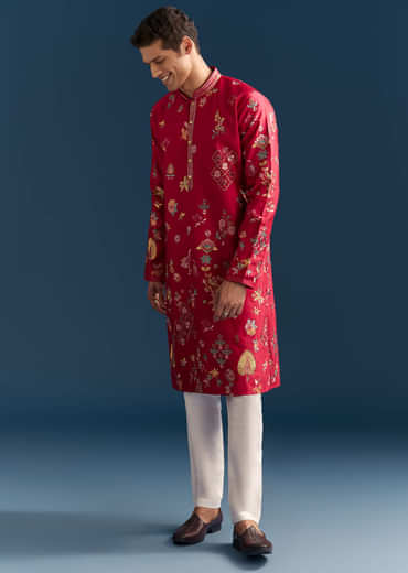 Red Silk Kurta Set For Men With Thread Embroidery