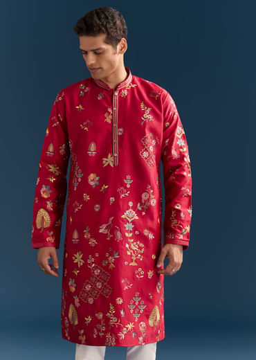 Red Silk Kurta Set For Men With Thread Embroidery