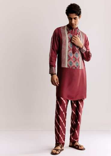 Red Silk Kurta Set With Ajrakh Print