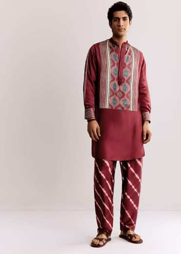 Red Silk Kurta Set With Ajrakh Print